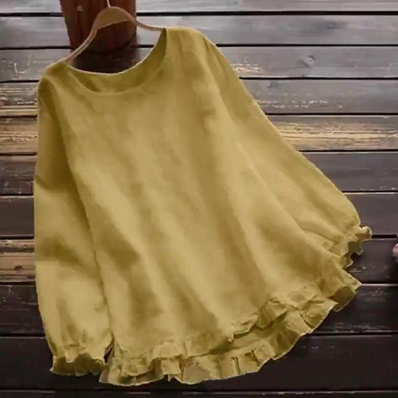 VKOYWKM Women's Cotton Linen Shirts Spring Summer Crew Neck Boho Top Vintage Solid Color Ruffle Trim Blouses Loose Casual Long Sleeve Tee Tops