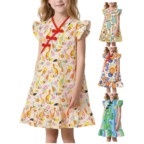 Afuyipoi Girls Cheongsam Dress Size 2-8Y Toucan Print Ruffle Sleeve Qipao Dress for Kids Birthday Party Yellow Size 3T