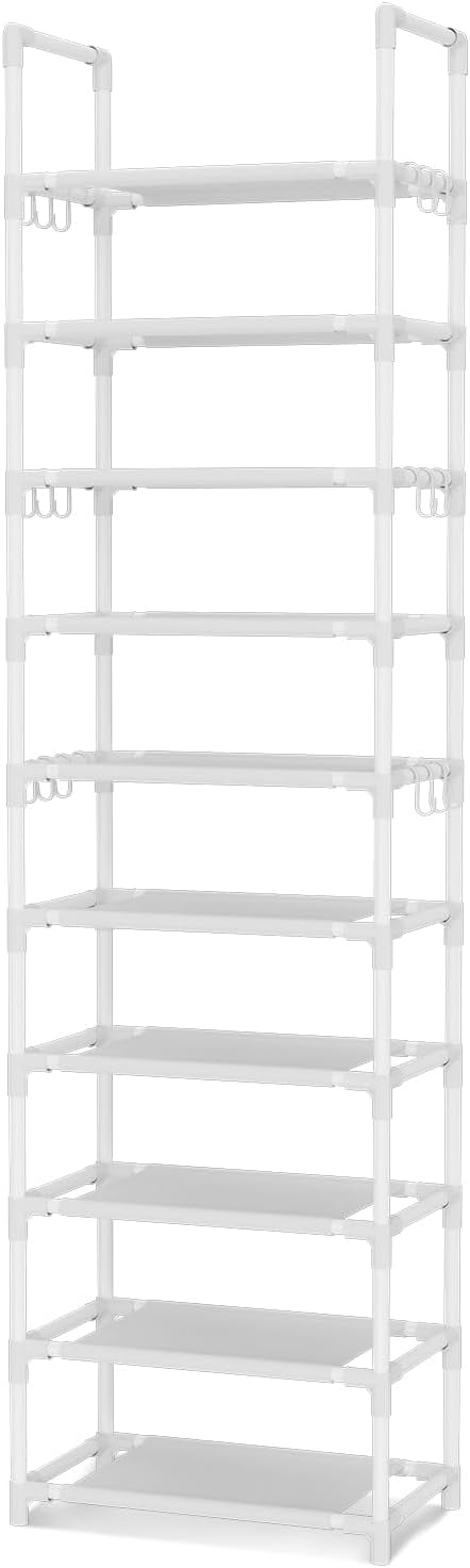 10 Tiers Tall Shoe Rack Holds 20-25 Pairs of Shoes Sturdy Vertical Shoe Organizer with 18pcs Hooks Stackable Narrow Shoe Rack for Closet, Entryway White