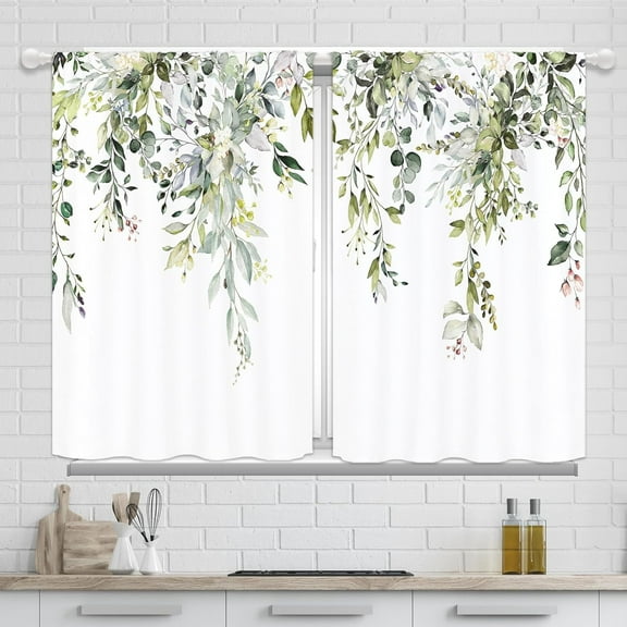 Sage Green Eucalyptus Leaves Kitchen Curtains 36 Inch Length 2 Panels Watercolor Plant Rustic Floral Flower Botanical Bathroom Window Curtains Short Cafe Curtain Window Tiers Treatment Drapes