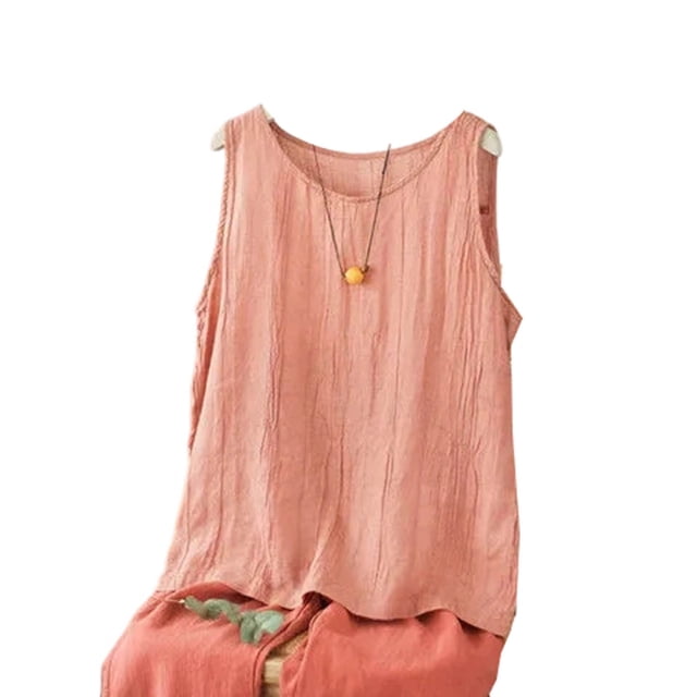 RKSTN Womens Summer Tops Sleeveless Cotton Linen Tank Top Plus Size Solid Color Crew Neck Weekend Shopping Simple Versatile Tops