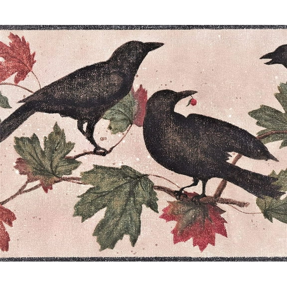 Concord Wallcoverings Wallpaper Border Birds Pattern Crows Leaves Branches for Farmhouse Cottage, Beige Brown Green Red, 9 Inches by 15 Feet WL5688B