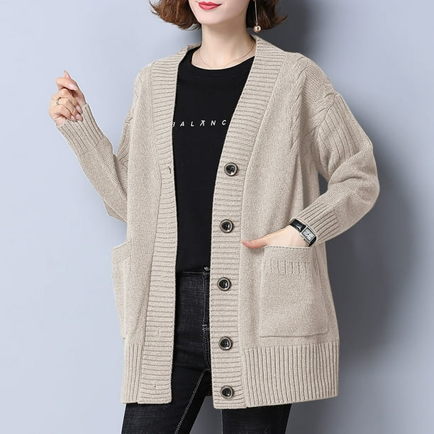 Suéter de cuello en V para mujer, cárdigan de punto holgado de otoño e invierno, suéter holgado de largo medio para mujer, suéter de cuello en V, blusa para mujer