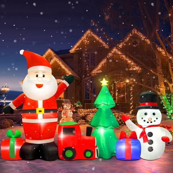 Yexmas 9FT Christmas Inflatables with Blow Up LED Lights, Santa Claus Snowman Train Gift Boxes & Christmas Tree for Indoor Outdoor Xmas Decoration