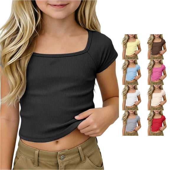 Girls Ribbed Knit Crop Top Short Sleeve Tee Square Neck Raglan Basic Casual Shirt for Tween Tween Youth Baby Girls Tops 13-14 Years