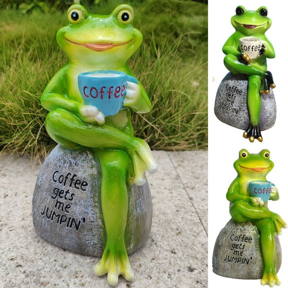 Cheer.US Frog Statue Figurine Home Decor,Frog Sitting On Stone Statue Drinking Coffee Sculpture, Personalized Collectible Mascot for Indoor Outdoor Yard Garden Decoration