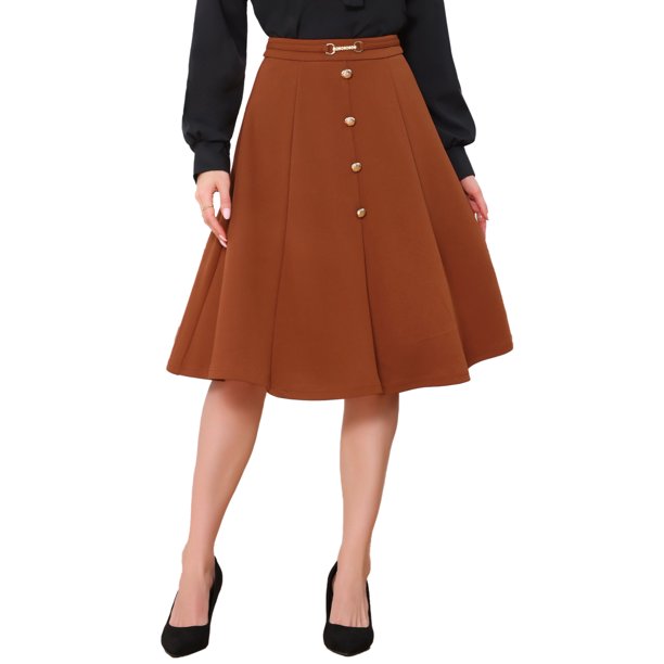 Falda midi plisada A-Line Inspire Chic para mujeres, falda de trabajo vintage de cintura alta, falda de negocios M naranja marrón