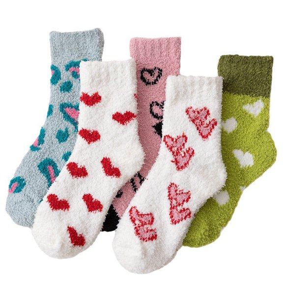 TAZAG Autumn and Winter Coral Fur Floor Socks for Women Sweet Love Sleeping Confinement Socks for Winter Thickened Warm Medium Socks