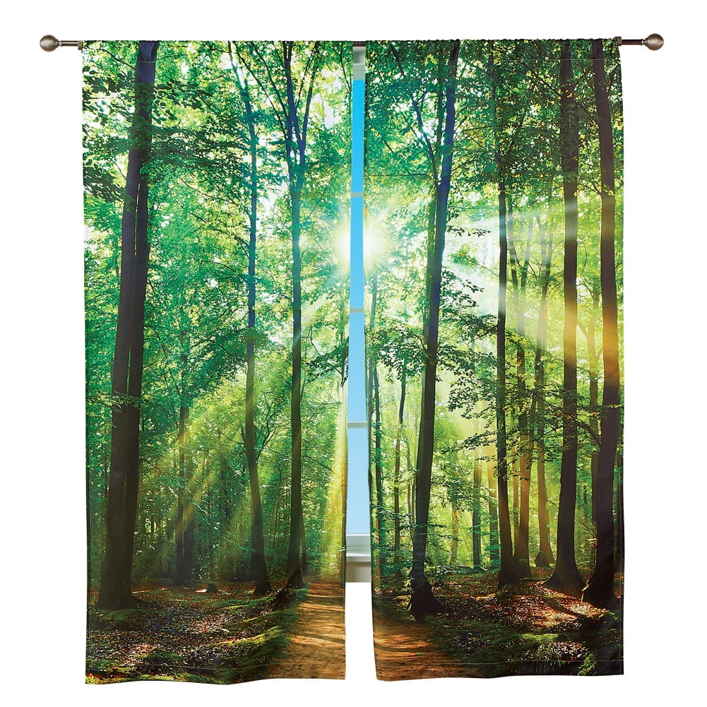 Living Room Bedroom Window Drapes 2 Panel Set Mist in The Enchanted Forest with Sunbeams Painting Effect Digital Art Image 108 X 96 Brown Seafoam Ambesonne Nature Curtains