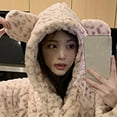 thumbnail image 5 of Women's Flannel Robe Fuzzy Terry Cloth Robes Animal Ear Hooded Long Sleeve Soft Plush Bathrobe Cute Fleece Pajamas, Khaki, M, 5 of 6