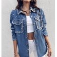 thumbnail image 4 of Women's Pearls Denim Jacket Cropped Rhinestones Jean Blazer Coat,Sequin Long Sleeve Rhinestone Denim Jackets, 4 of 7