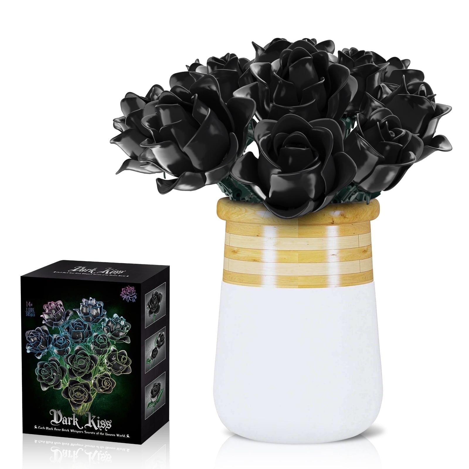 SENVOBK Black Rose Bouquet Building Set, 600-Piece Artificial
