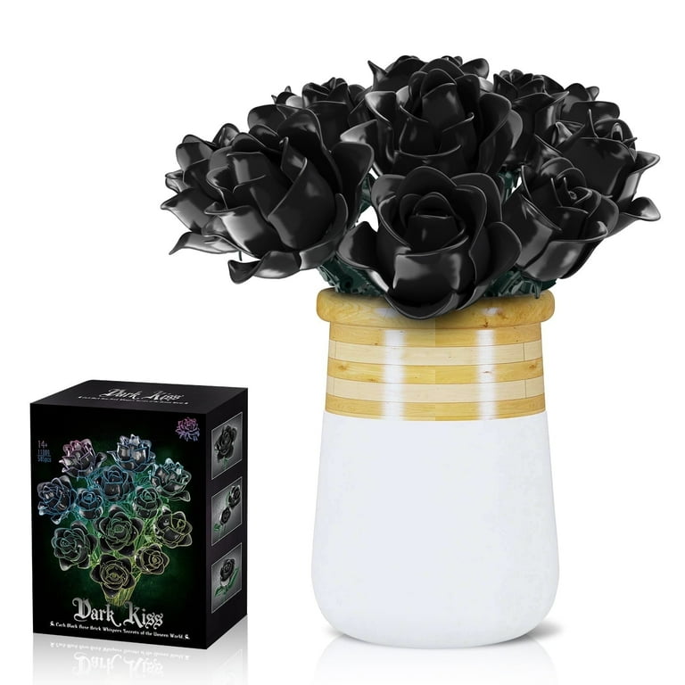 SENVOBK Black Rose Bouquet Building Set, 600-Piece Artificial
