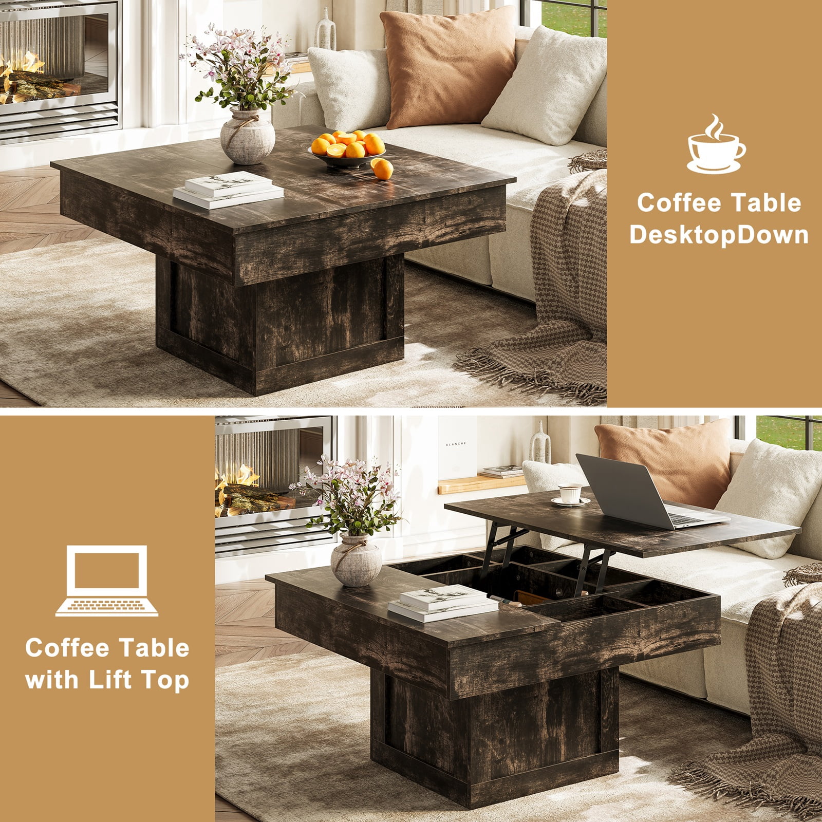 GUNAITO Lift Top Coffee Table with LED Lights, Modern Farmhouse Center Table with Storage, 31.5''Hx31.5''Wx19''D, Black