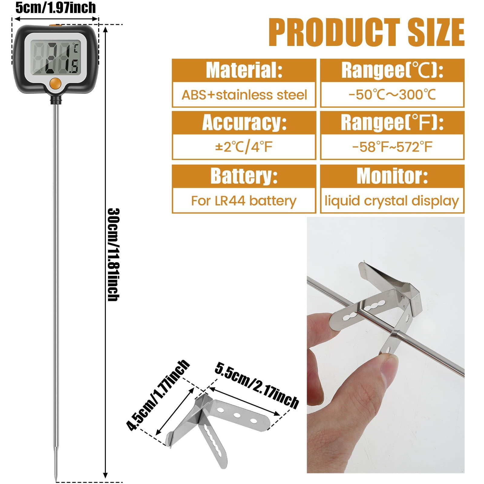 ZFSBZBS Long Digital Candy Thermometer with Pot Clip,Deep Fry Thermometer,Rotating Display, Best Instant Read Food Meat Thermometer for Candy Making or Deep Frying,Black