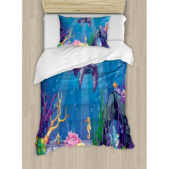 Turtle Duvet Cover Set, Underwater World Style Illustration Funny Fish Jellyfish Sea Horse, Decorative 2 Piece Bedding Set with 1 Pillow Shams, Twin Size, Purple Orange Aqua, by Ambesonne