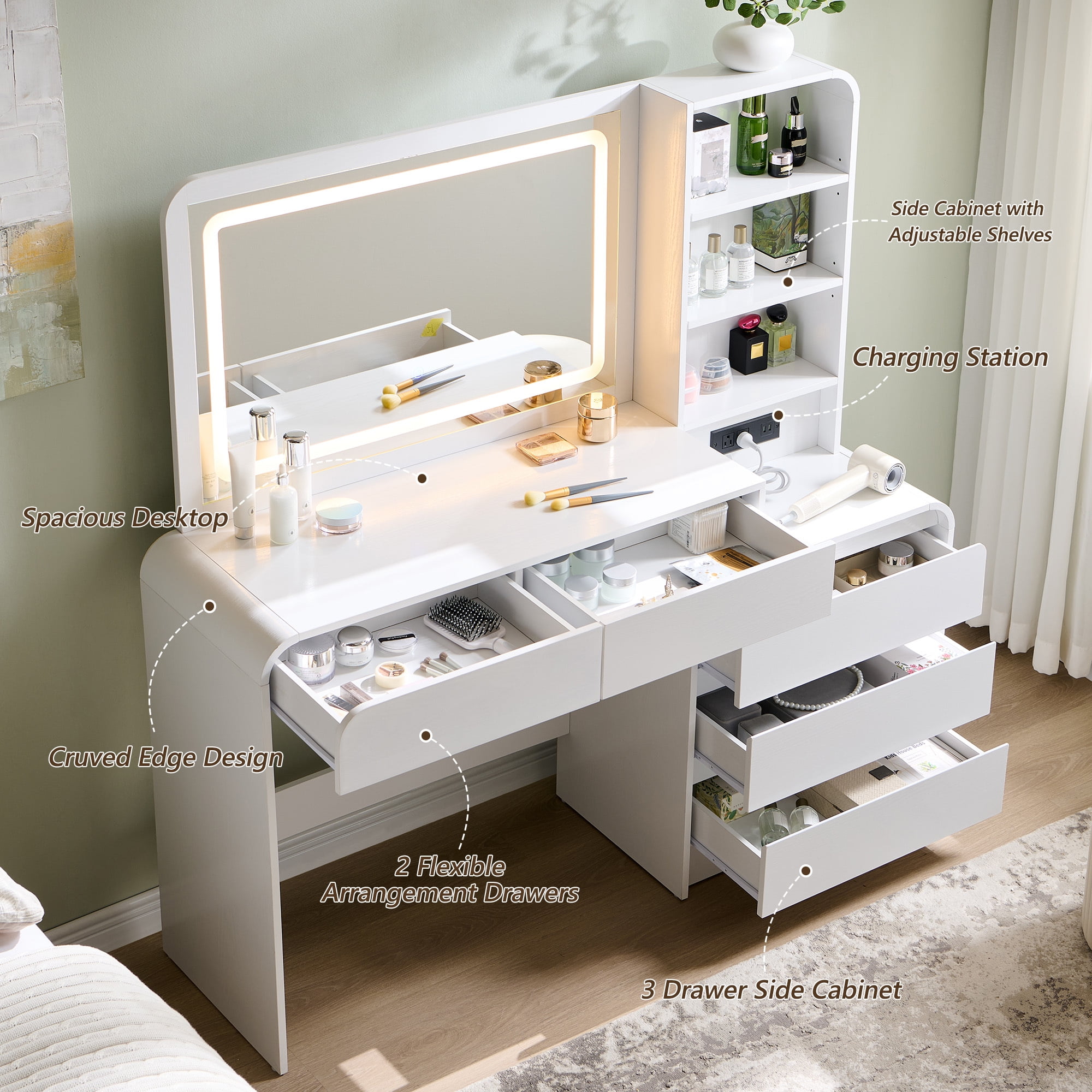 wow97e Modern Vanity Desk with Touch Screen LED Mirror, 55" Big Make Up Table with 5 Drawers , Wood Dressing Tablew/3 Color Available, Charging Station