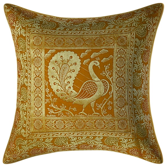 Stylo Culture Ethnic Living Room Brocade Mustard Yellow And Gold Throw Pillow Covers 16x16 Jacquard Weave Sofa Ethnic Throw Pillows Dancing Peacock Floral 40x40 cm Decorative Cushion Covers (1 Pc)