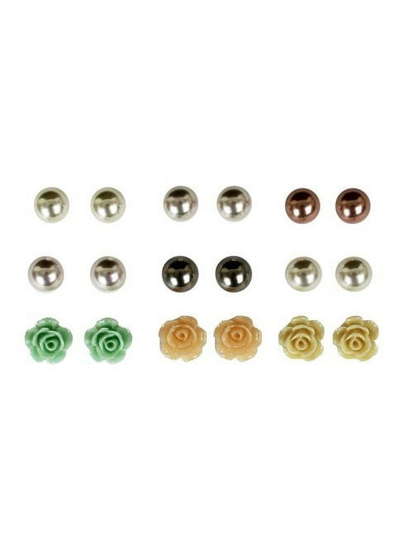 Essentials Multi Ear 9-on Rose & Colored Pearl Stud Earring Pack, Adult, Teen, Unisex, Unbranded