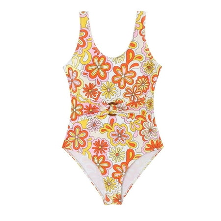 Girls Swimwear Child Girls Summer Flower Prints Swimsuit Kids Skintight Bodysuit Bikini Swimwear Swimsuits for Teens Orange 15 Years-16 Years