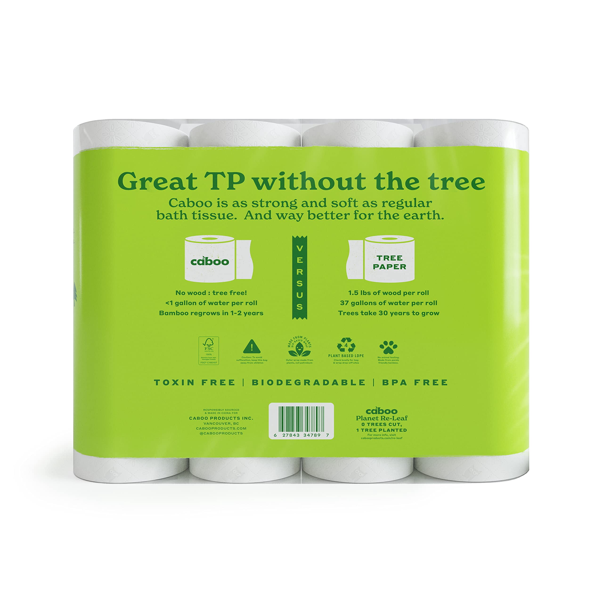 Caboo Tree Free Toilet Paper, Tree Free, Septic Safe Toilet Tissue, Eco Friendly, Chemical Free 2 Ply Toilet Paper, Pack of 24 Double Rolls, 300 Sheets Per Toilet Paper Roll