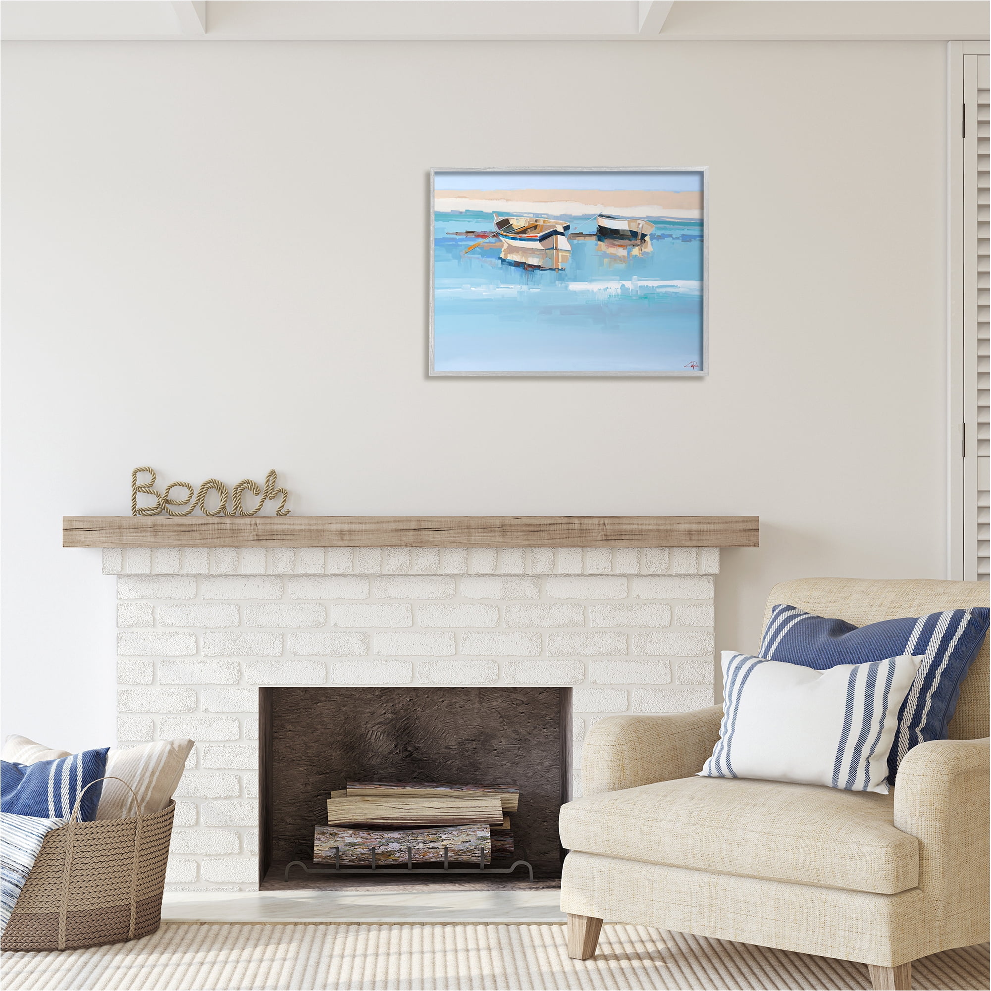 Stupell Industries Boats on Shore Painting Transportation Painting Gray Framed Art Print Wall Art, 30 x 24