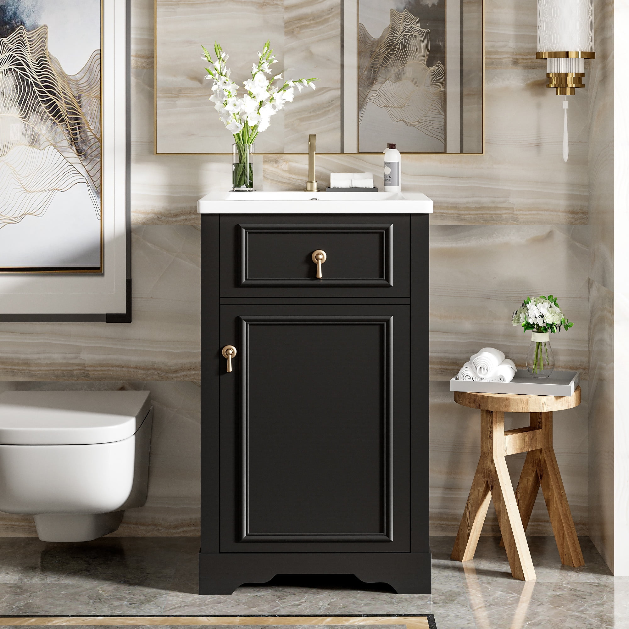GARITIN Bathroom Vanity 20 Inch, Freestanding Single Vanity Set with Ceramic Sink and Soft Close Door for Small Bathroom, Black