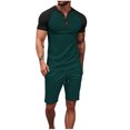 thumbnail image 1 of Pantalones de los Hombres Cintura Elástica, Color Casual Bloqueado, Manga Corta Cuello Redondo Bolsillo Shorts Conjunto, 1 of 7
