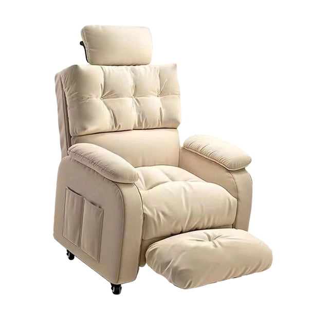silla para videojuegos, sofá ergonómico, silla reclinable para sala de estar, adultos, hogar, reposacabezas blanco pie de reposacabezas blanco Sillón reclinable ergonómico en tela de nylon color claro con reposacabezas blanco visible, respaldo acolchado con botones, asiento ensanchado y cojín lumbar, reposabrazos acolchados, reposapiés desplegable, ruedas suaves y bolsillo lateral de almacenamiento; altura total aprox. 105 cm.