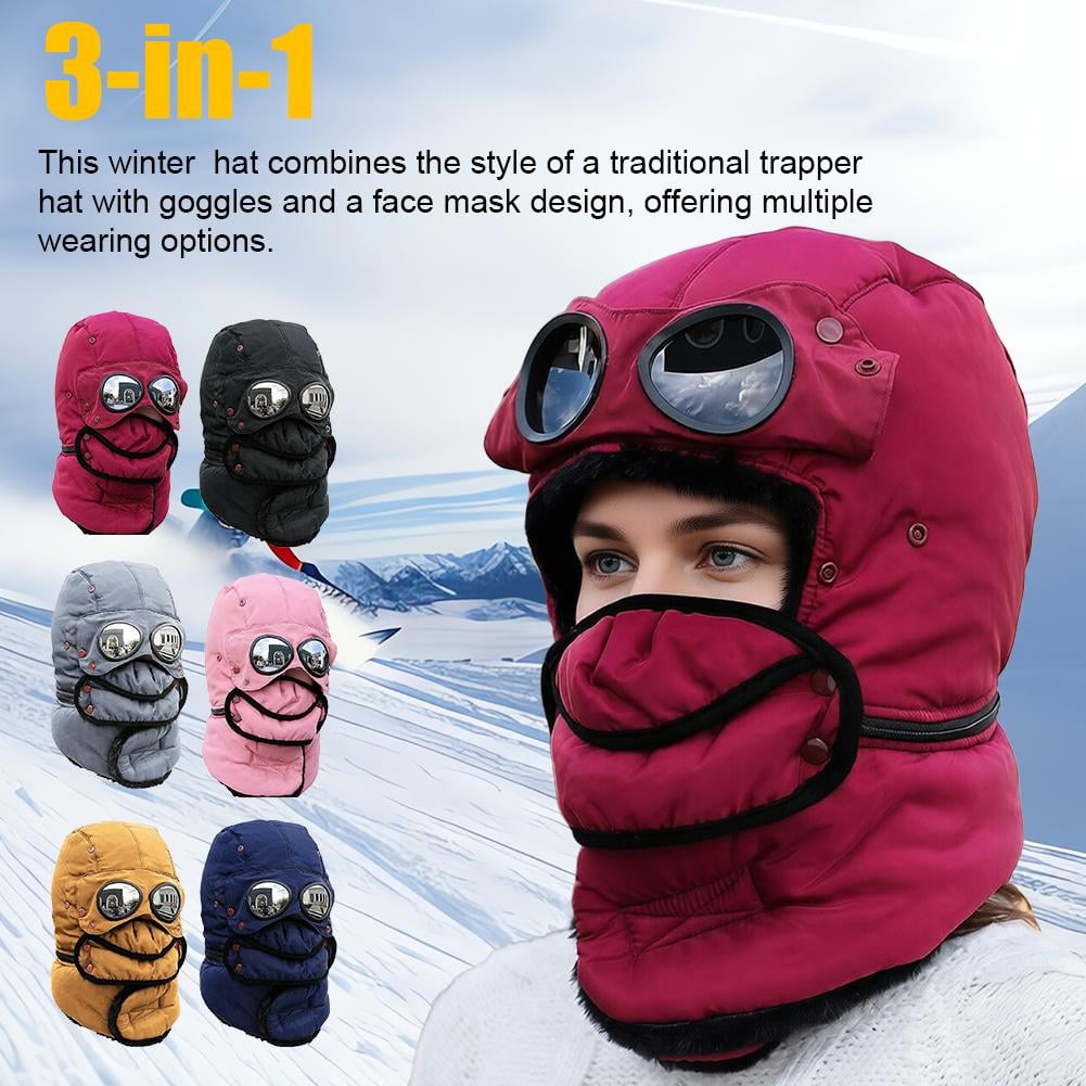 3-in-1 Winter Trapper Hat with Anti-Fog Goggles and Face Mask, Windproof Thermal Ski Mask for Snowboarding and Extreme Cold, Red