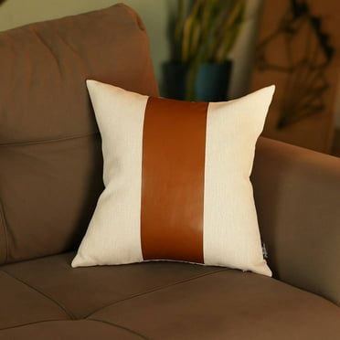 Boho Handcrafted Decorative Single Throw Pillow Cover Vegan Faux Leather Solid 17" x 17" Brown & Ivory Square for Couch, Bedding