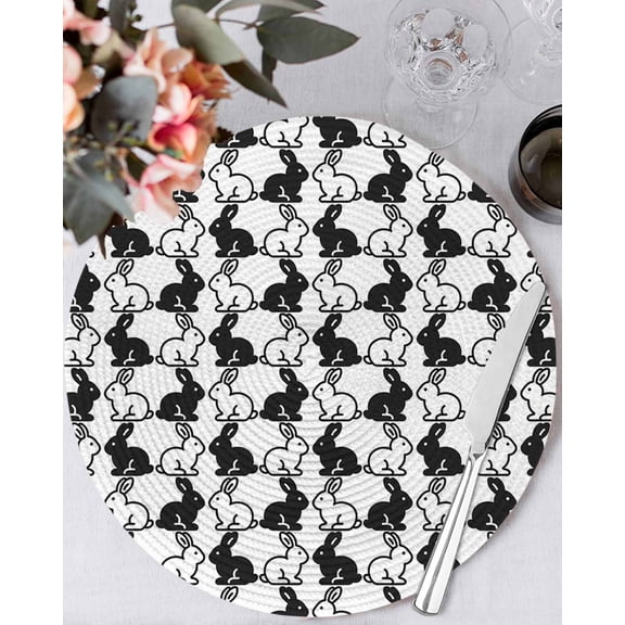 15 Inch Round Placemats Set of 4, Easter Rabbits Non Slip Heat Insulation PP Table Mats, Cute Bunny Cartoon Animals Black White Washable Place Mats for Kitchen Dining Party Table Decor