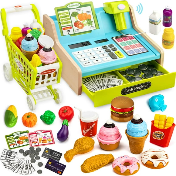 Caja registradora de madera VROGTIK recargable con escáner de juguete