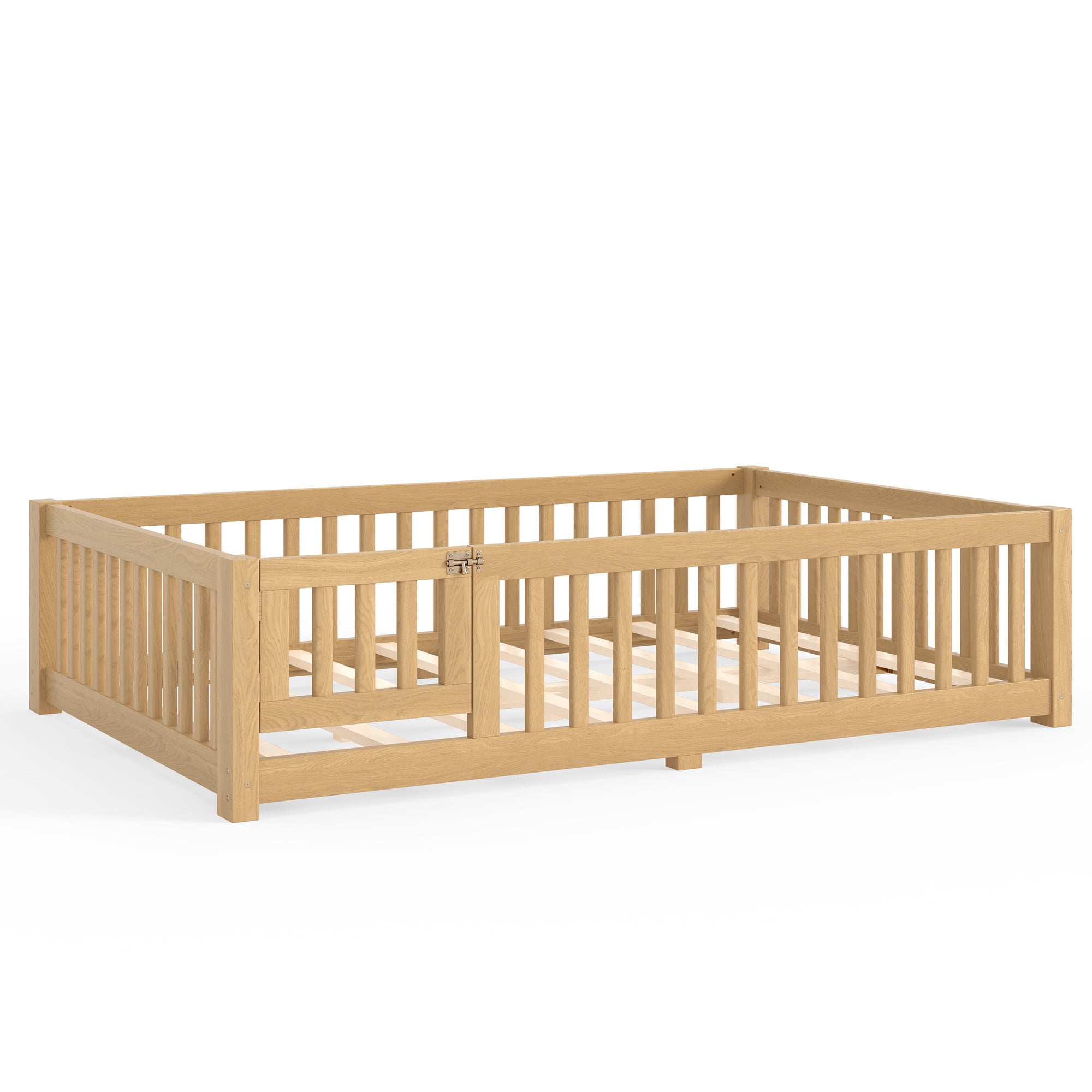 Full Size Kids Floor Bed with Safety Guardrails & Removable Door, Solid Pine Wood Montessori Bed, Natural