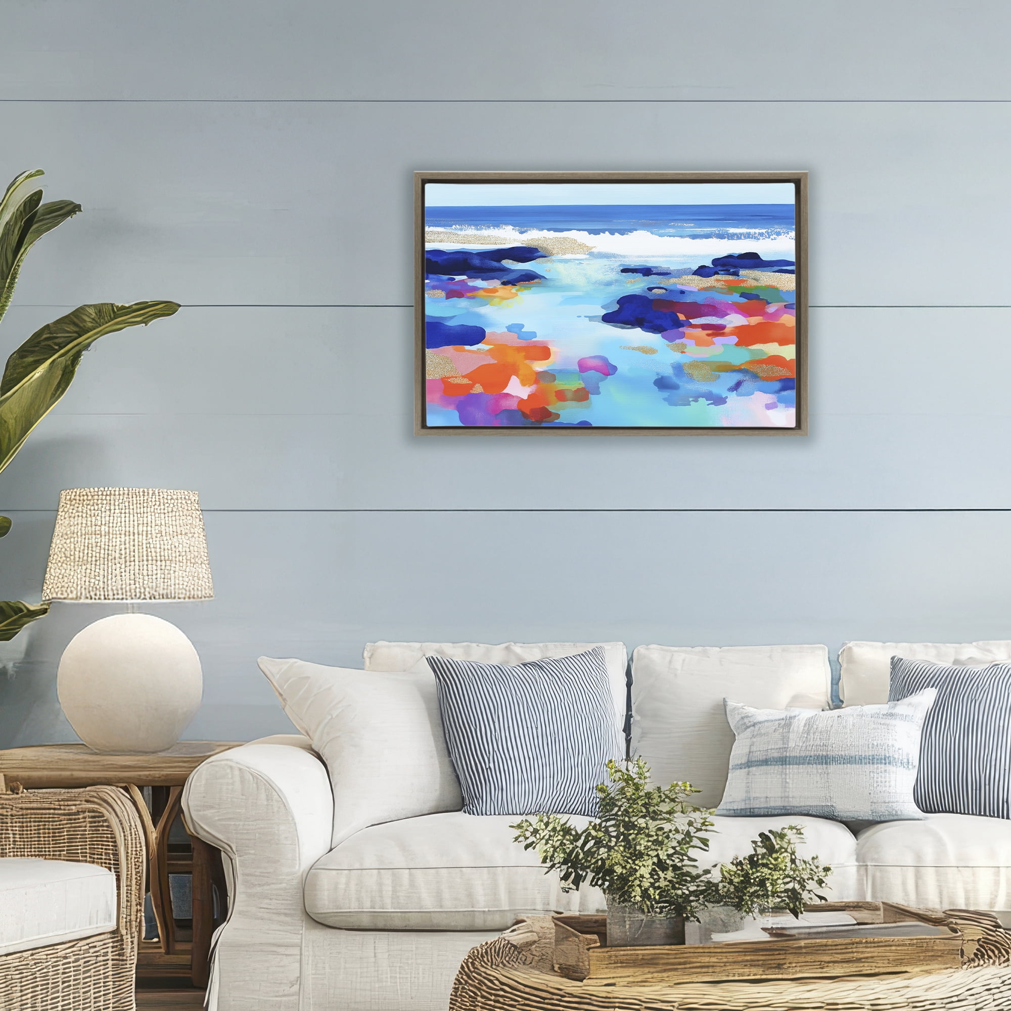 Stupell Industries Coastal Pools Overlay Abstraction Brown Framed Floater Canvas Wall Art, design by Chromatic Storm Studio