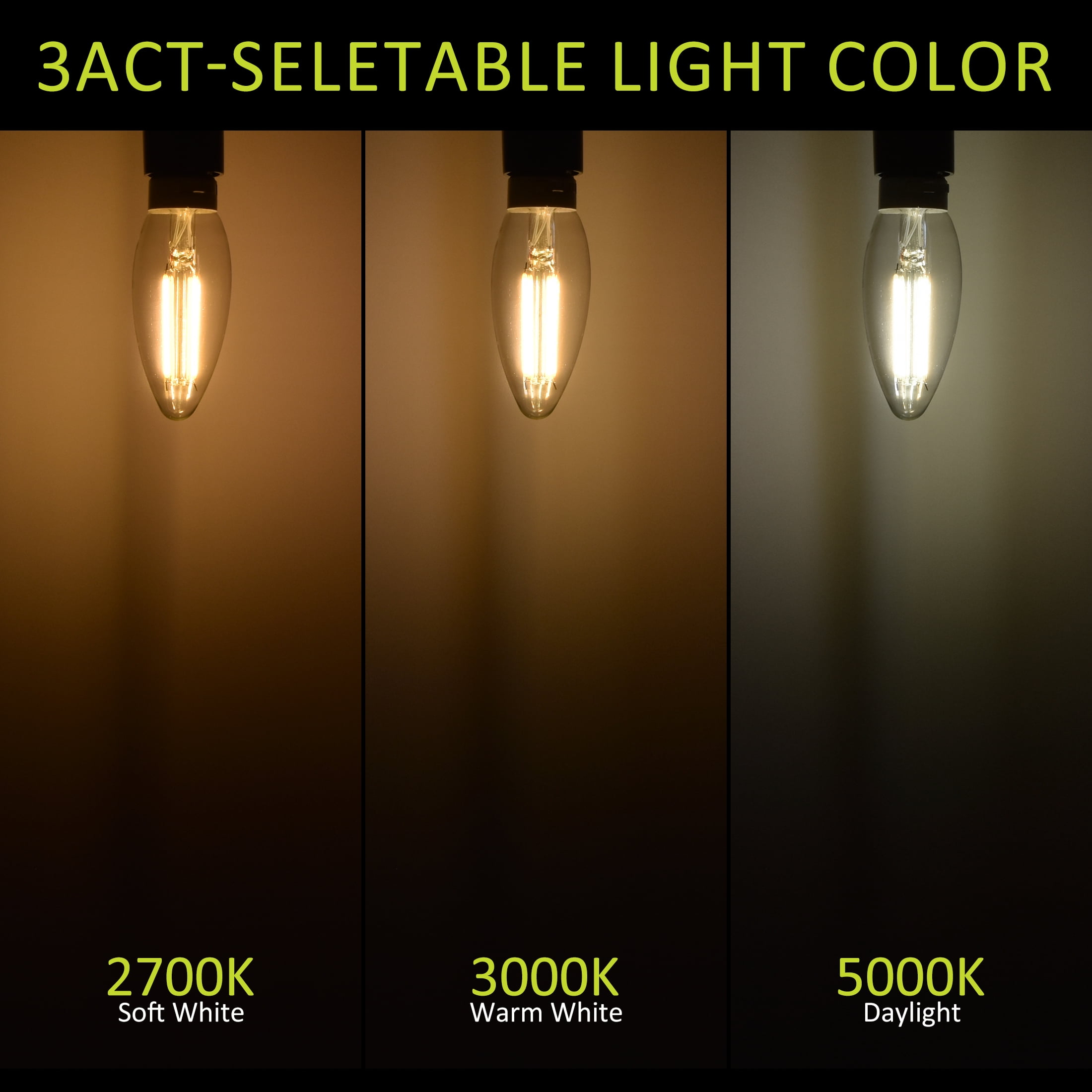 Green Watt 3-CCT B11 LED Bulbs, 4.5-Watt (60W Equivalent) E26 Medium Base, Dimmable (12-Pack)