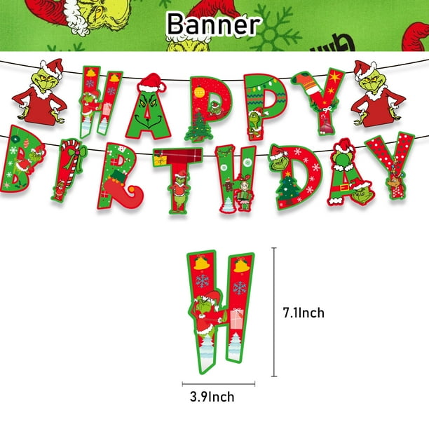 Vajilla desechable para fiesta de cumpleaños de Navidad de Grinch, pancarta para tarta, bandera colgante, globos de Grinch, juego de decoración de cumpleaños