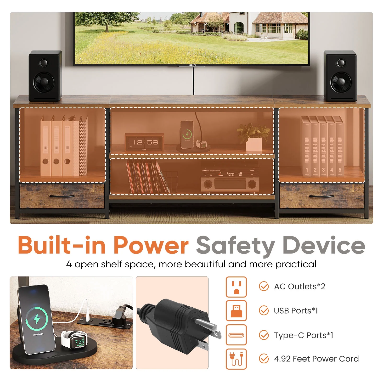 Prilinex LED 63" TV Stand for TVs up to 65 Inch, 2 Fabric Drawers, Entertainment Center Console Table with Adjustable Open Storage Shelves for Living Room & Bedroom, Rustic Brown