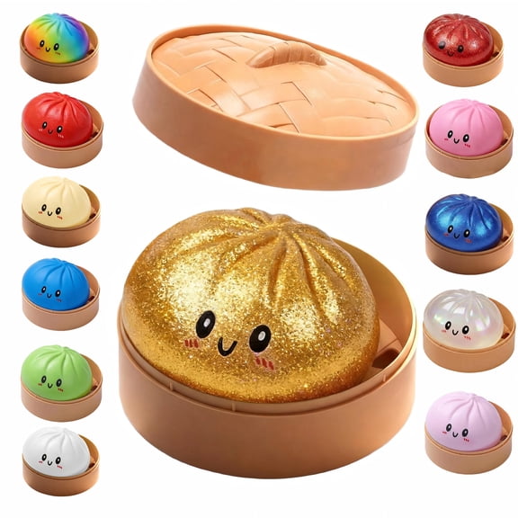 Yanxiao 2026 Giant Dumpling Squishies Toy, 3.7" Gold Smiling Dumplings with Steamer Box Stress Relieve Toy, Squishies Bun Anxiety Relief Fidget Toy, Soft Squeeze Decompression Dough for Adults