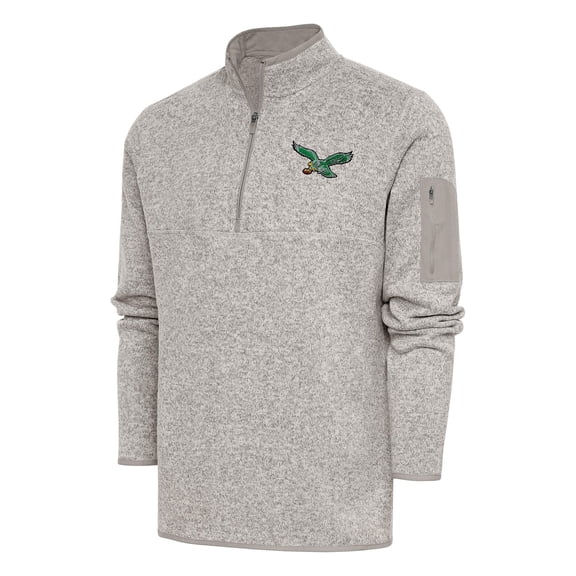 Men's Antigua Oatmeal Philadelphia Eagles Throwback Fortune Quarter-Zip Pullover Jacket