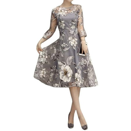 Mesh Emma Dress - Mesh Stitching Women 3/4 Sleeved Elegant Print Party Dress