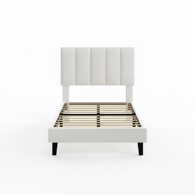 Queen Size Suede Upholstered Platform Bed Frame – Adjustable Tufted Headboard, Sturdy Noise-Free Support, No Box Spring Needed, Easy Assembly – White