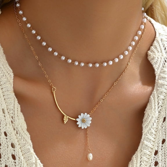 NICKSUN Womens Daisy Imitation Pearl Necklace - Dainty 18k Gold Plated Layered Daisy Necklaces Set for Women, Cute Flower Choker Necklace Trendy Jewelry Gifts
