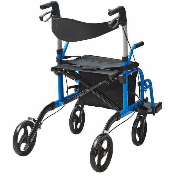 Rollator Walker & Transport Chair 2 in 1, Folding Mobility Walker Wheelchair Combo with Footrests - Lightweight Aluminum, Adjustable Handle, 300lbs Capacity