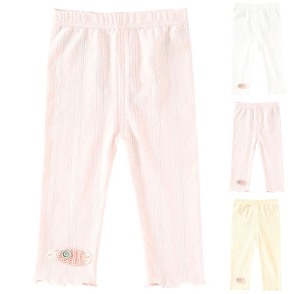 Nilvkv Leggings for Toddler Girls, Girls Pants, Candy Applique Ribbed Capri Pants with Elastic Waist and Scalloped Hem, perfect for Summer Fun Yellow 12-18 Months