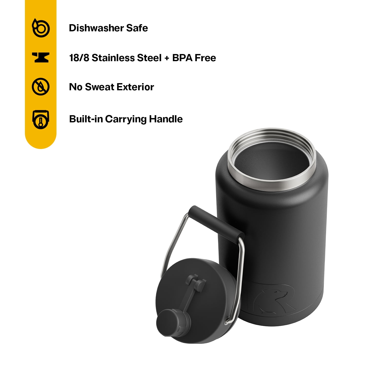 RTIC Half Gallon Insulated Water Bottle Jug, Leak Proof, Black