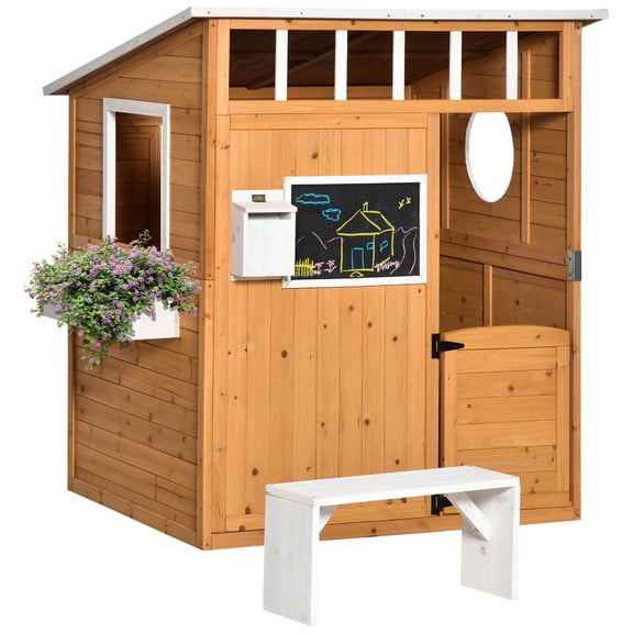 Children's Wooden Cottage Playhouse with Doors, Windows, Mailbox, Bench & Flower Pot Holder