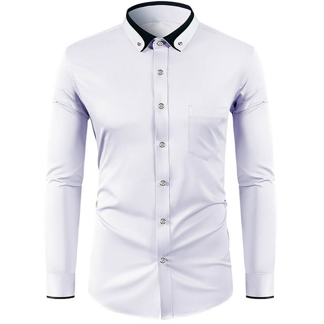 RXIRUCGD Men's Long Sleeved Button Pocket Flip Collar Casual Shirt, White, Size: M