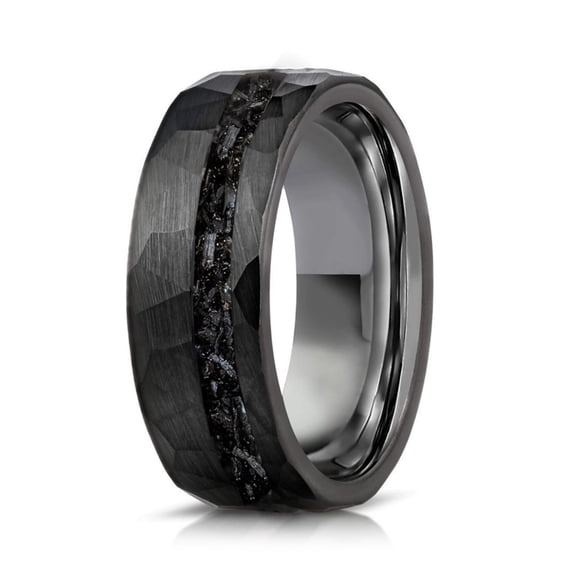 8mm Wide Hammered Black Tungsten Ring with Crushed Natural Stone Inlay