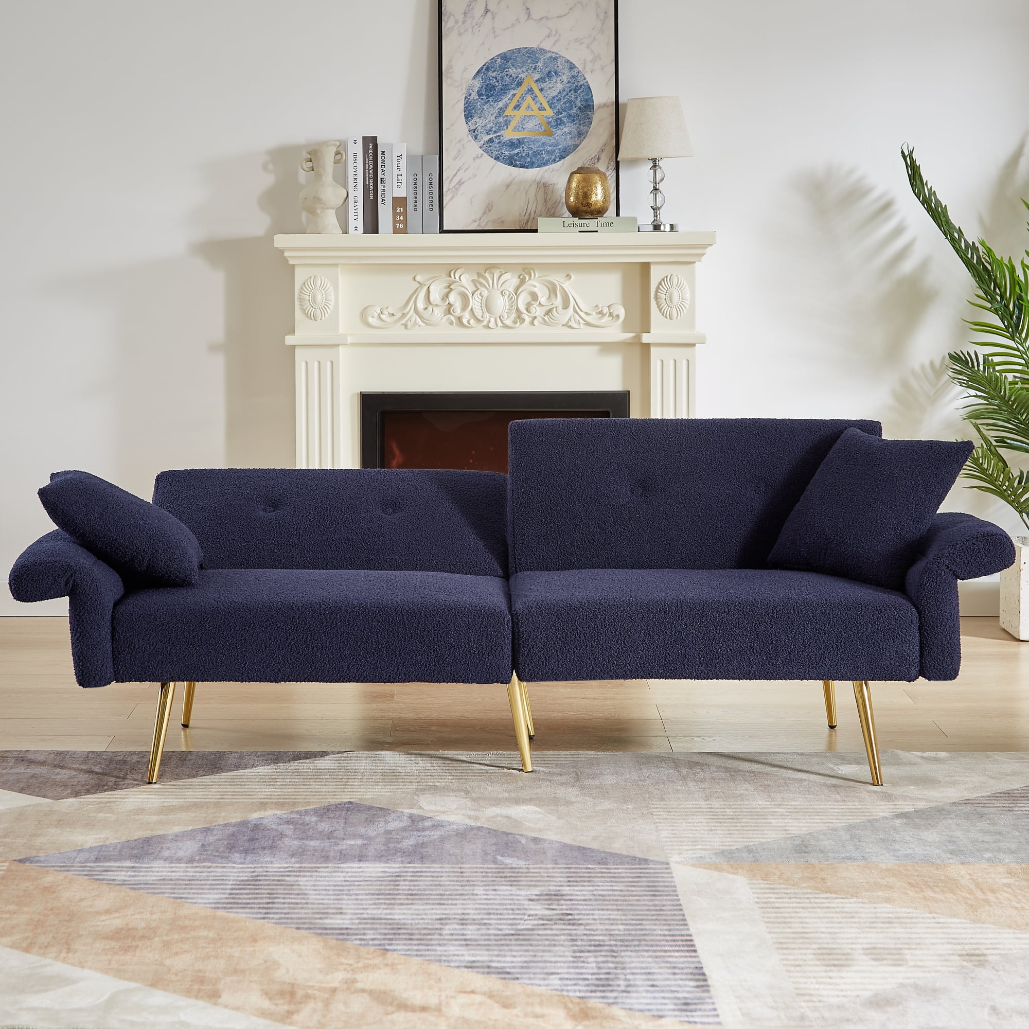 Jopath 80" Futon Sofa Bed,Teddy Upholstered Convertible Loveseat Sleeper Sofa Couch with Foldable Armrest,Adjustable Backrest and Golden Metal Legs for Living Room,Dark Blue